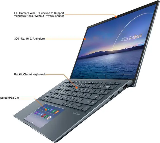Alt view image 7 of 11 - ASUS ZenBook 14 Ultra-Slim Laptop 14" FHD NanoEdge Bezel Display, Intel Core i7-1165G7, NVIDIA MX450, 16 GB RAM, 512 GB SSD, ScreenPad 2.0, Thunderbolt 4, Windows 10 Pro, Pine Grey, UX435EG-XH74