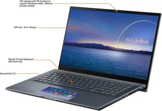 Alt view image 4 of 12 - ASUS ZenBook 15 Ultra-Slim Laptop 15.6" FHD NanoEdge Bezel Touch Display, Intel Core i7-10750H, GeForce GTX 1650 Ti, 16GB RAM, 1TB PCIe SSD, Innovative ScreenPad 2.0, Thunderbolt 3, Windows 10 Pro, Pine Grey, UX535LI-XH77T