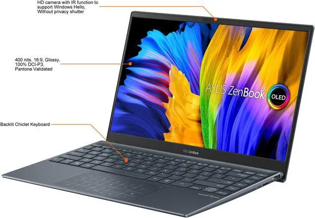 Alt view image 3 of 19 - ASUS ZenBook 13 Ultra-Slim Laptop, 13.3" OLED FHD NanoEdge Bezel Display, AMD Ryzen 5 5500U, 8 GB LPDDR4X RAM, 512 GB PCIe SSD, NumberPad, Wi-Fi 5, Windows 10 Home, Pine Grey, UM325UA-DS51