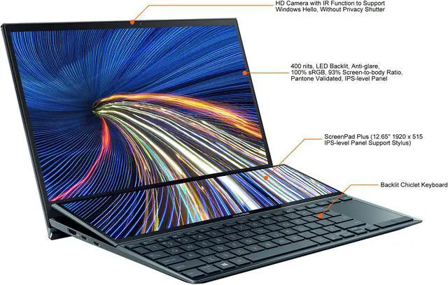 Alt view image 5 of 11 - ASUS ZenBook Duo 14 UX482 14" FHD NanoEdge Touch Display, Intel Evo, Intel Core i7-1165G7 CPU, 8GB RAM, 512GB PCIe SSD, Innovative ScreenPad Plus, Windows 10 Home, Celestial Blue, UX482EA-DS71T