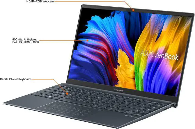 Alt view image 2 of 17 - ASUS ZenBook 14 Ultra-Slim Laptop 14" Full HD NanoEdge Bezel Display, AMD Ryzen 5 5500U CPU, Radeon Graphics, 8GB RAM, 512GB PCIe SSD, NumberPad, Windows 10 Home, Pine Grey, UM425UA-ES51