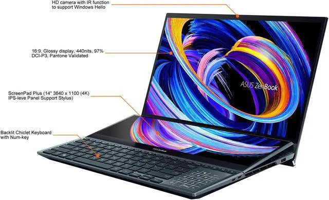 Alt view image 4 of 18 - ASUS ZenBook Pro Duo 15 OLED UX582 Laptop, 15.6" OLED 4K UHD Touch Display, Intel Core i9-10980HK, 32GB RAM, 1TB SSD, GeForce RTX 3070, ScreenPad Plus, Windows 10 Pro, Celestial Blue, UX582LR-XS94T