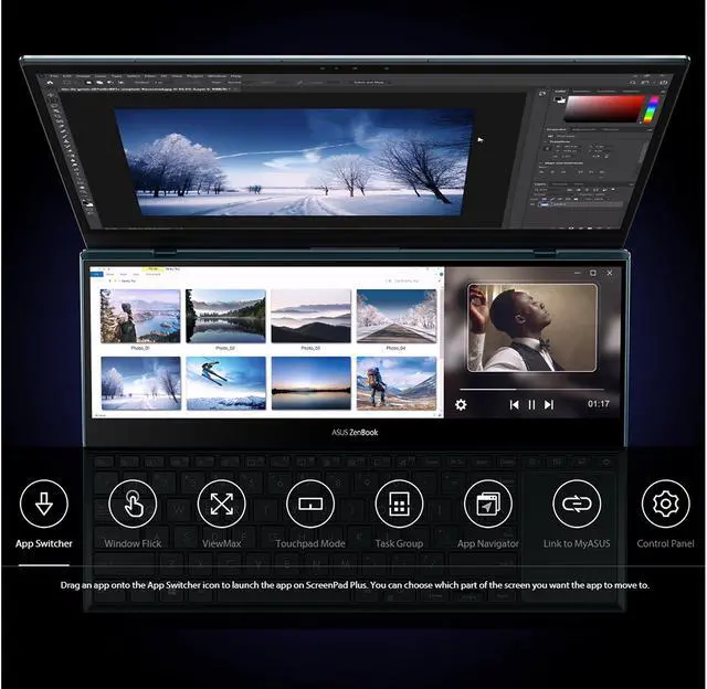 Alt view image 8 of 12 - ASUS ZenBook Pro Duo 15 OLED UX582 Laptop, 15.6" OLED 4K UHD Touch Display, Intel Core i9-11900H, 32GB, 1TB, GeForce RTX 3080 Laptop GPU, ScreenPad Plus, Windows 11 Pro, Celestial Blue, UX582HS-XH99T