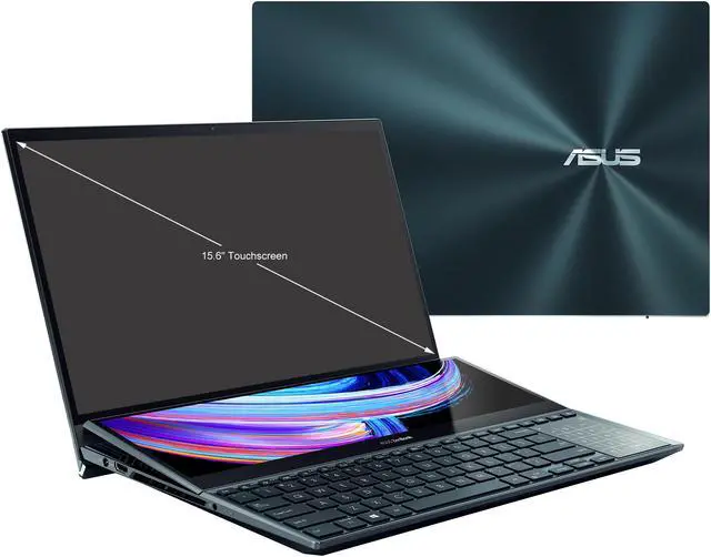 Alt view image 2 of 12 - ASUS ZenBook Pro Duo 15 OLED UX582 Laptop, 15.6" OLED 4K UHD Touch Display, Intel Core i9-11900H, 32GB, 1TB, GeForce RTX 3080 Laptop GPU, ScreenPad Plus, Windows 11 Pro, Celestial Blue, UX582HS-XH99T
