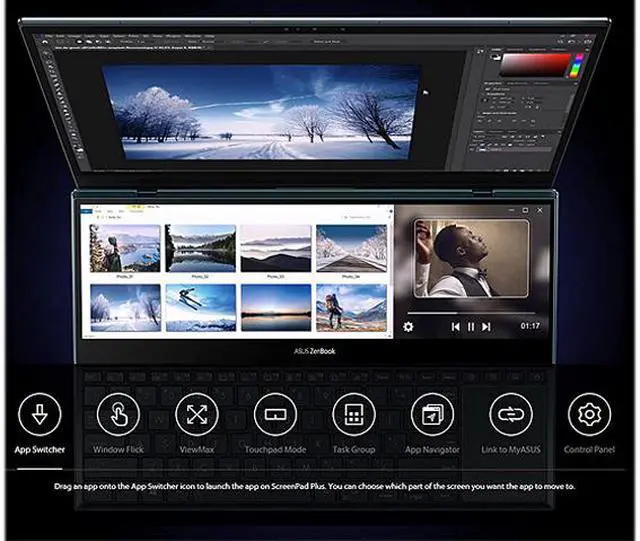 Alt view image 6 of 12 - ASUS ZenBook Pro Duo 15 OLED UX582 Laptop, 15.6" OLED FHD Touch Display, Intel Core i9-11900H, 32GB RAM, 1TB SSD, GeForce RTX 3060, ScreenPad Plus, Windows 11 Pro, Celestial Blue, UX582HM-XH96T