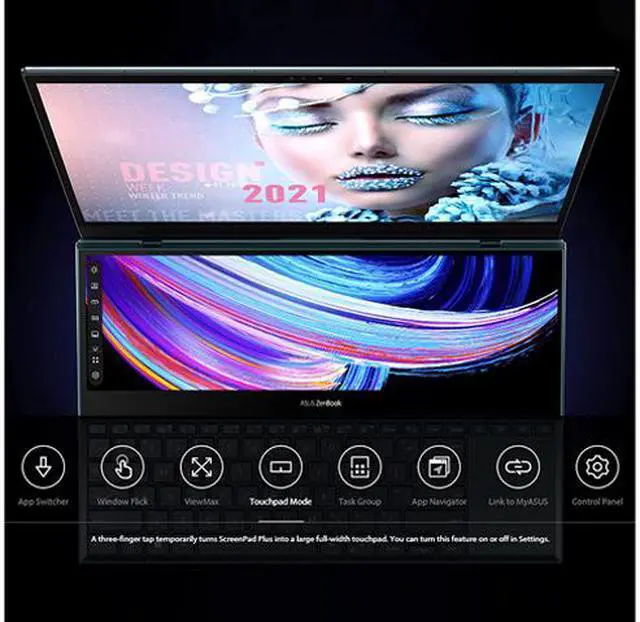 Alt view image 10 of 12 - ASUS ZenBook Pro Duo 15 OLED UX582 Laptop, 15.6" OLED FHD Touch Display, Intel Core i9-11900H, 32GB RAM, 1TB SSD, GeForce RTX 3060, ScreenPad Plus, Windows 11 Pro, Celestial Blue, UX582HM-XH96T