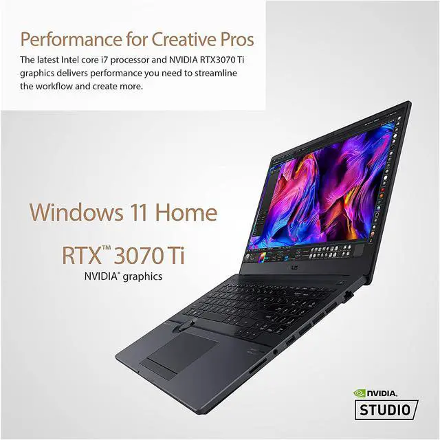 Alt view image 13 of 15 - ASUS ProArt StudioBook 16 OLED Laptop, 16" 3840x2400 OLED Display, Intel core i7-12700H, 16GB DDR5 SO-DIMM, 1TB + 1TB M.2 NVMe PCIe 4.0 Performance SSD, NVIDIA GeForce RTX 3070 Ti, Windows 11 Home, H7600ZW-DB76, Mineral Black