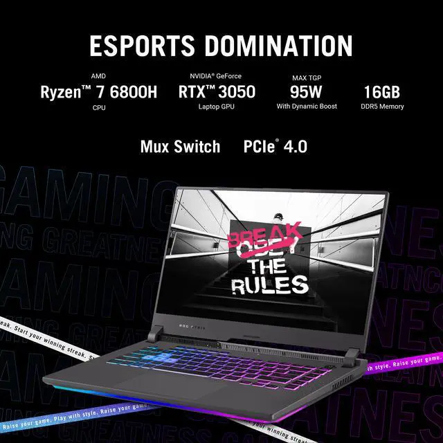 Alt view image 2 of 8 - ASUS ROG Strix G15 (2022) Gaming Laptop, 15.6" FHD 144Hz, GeForce RTX 3050, AMD Ryzen 7 6800HS, 16GB DDR5, 512GB PCIe SSD, Wi-Fi 6E, Windows 11, G513RC-ES73