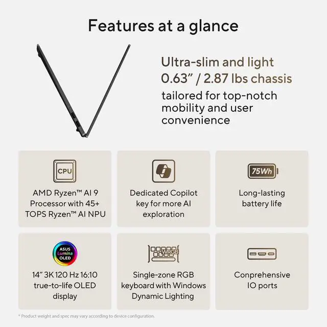 Alt view image 10 of 16 - ASUS Vivobook S 14" Copilot+ PC Laptop AMD Ryzen AI 9 365  24 GB LPDDR5X Memory 512 GB PCIe SSD AMD Radeon 880M Windows 11 Home 64-bit M5406WA-DS76