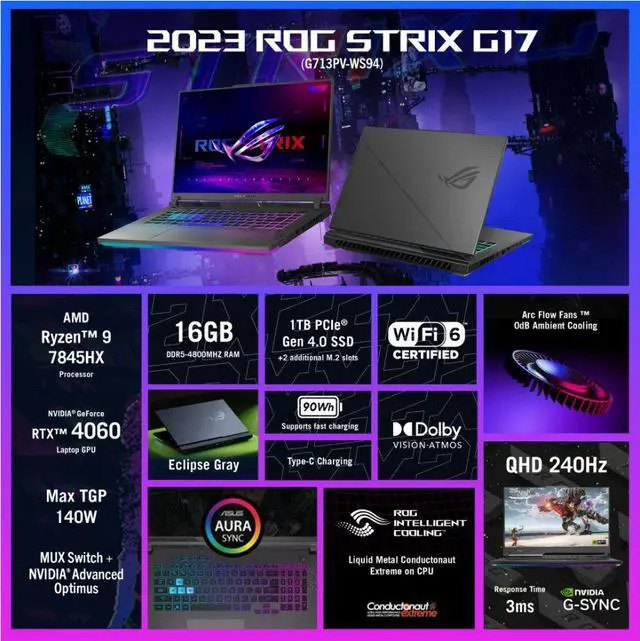 Alt view image 9 of 9 - ASUS ROG Strix G17 Gaming Laptop AMD Ryzen 9 7845HX 3.0 GHz NVIDIA GeForce RTX 4060 16GB Memory 1 TB PCIe SSD 17.3" WQHD Windows 11 Home G713PV-WS94