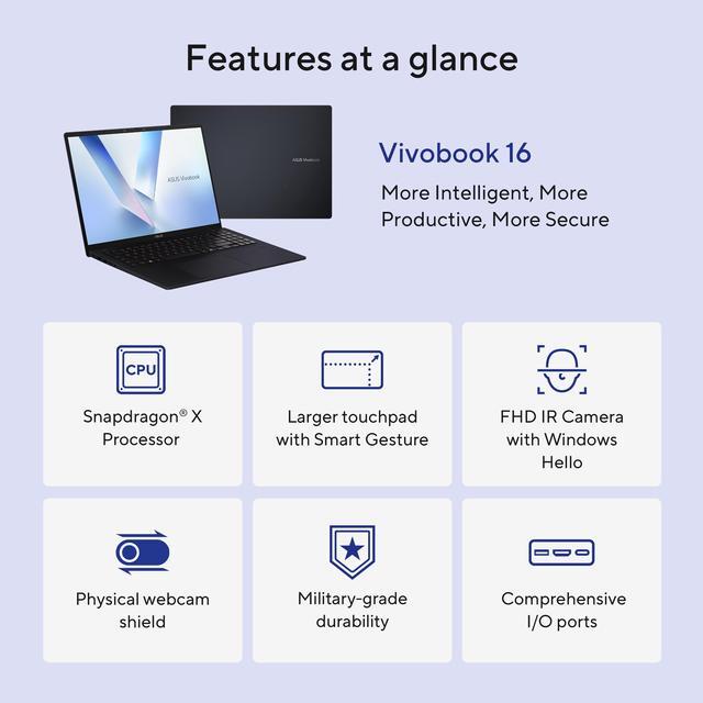 Alt view image 13 of 19 - ASUS VivoBook 16.0" Laptop Qualcomm Snapdragon X X1-26-100 16GB RAM 512 GB PCIe SSD Windows 11 Home X1607QA-DS54