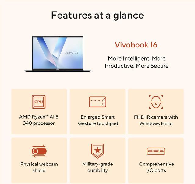 Alt view image 11 of 12 - ASUS VivoBook 16" Copilot+ PC Laptop AMD Ryzen AI 5 340 16GB Memory 512 GB NVMe SSD AMD Radeon 840M Windows 11 Home M1607KA-DS54