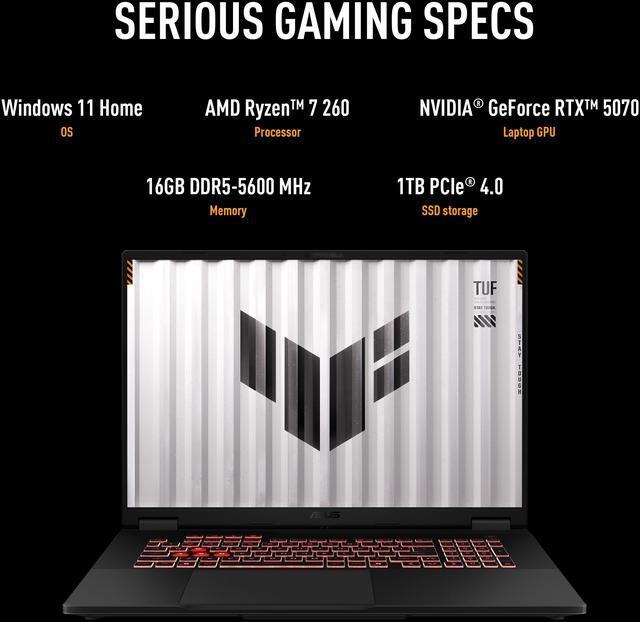 Alt view image 5 of 11 - ASUS TUF Gaming - 18" GeForce RTX 5070 Laptop GPU - AMD Ryzen 7 260  - 16GB (8GBx2) Memory - 1 TB PCIe SSD - Windows 11 Home - Gaming Laptop - 240 Hz IPS (FA808UP-NS74 )