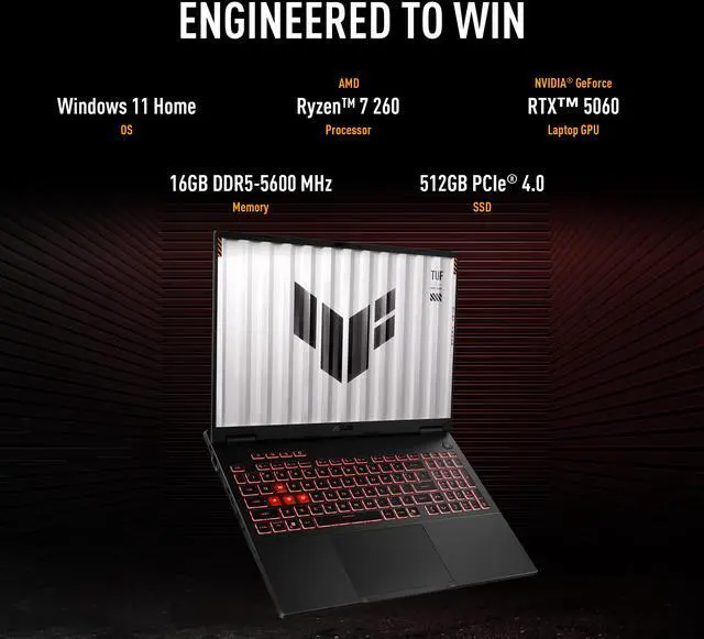 Alt view image 6 of 12 - ASUS TUF Gaming A16 - 16" GeForce RTX 5060 Laptop GPU - AMD Ryzen 7 260 - 16GB Memory - 512 GB NVMe SSD - Windows 11 Home - Gaming Laptop - 165 Hz IPS (FA608UM-NS73 )
