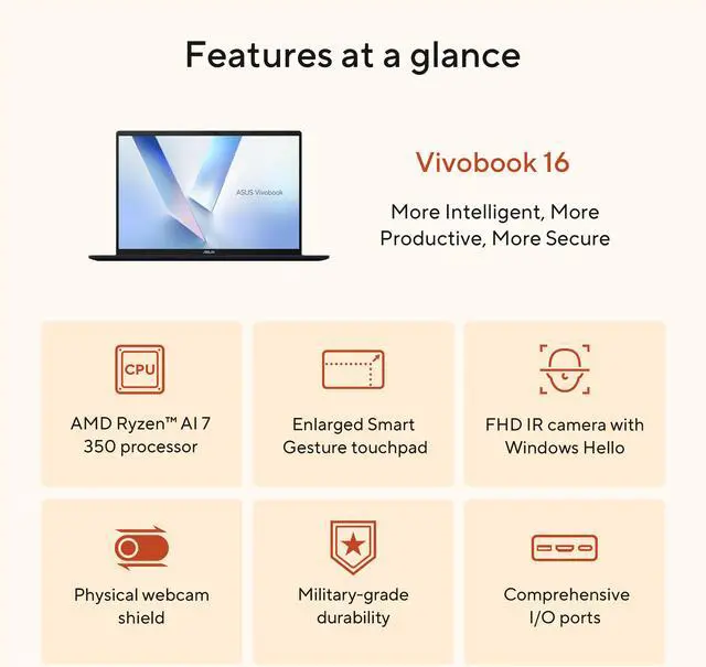 Alt view image 12 of 20 - Asus VivoBook 16" Copilot+ PC Laptop AMD Ryzen AI 7 350 16GB DDR5 Memory 512GB PCIE SSD 16.0" Windows 11 Home