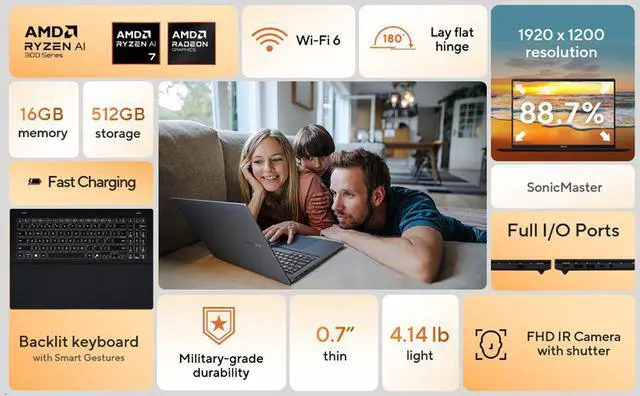 Alt view image 5 of 20 - Asus VivoBook 16" Copilot+ PC Laptop AMD Ryzen AI 7 350 16GB DDR5 Memory 512GB PCIE SSD 16.0" Windows 11 Home