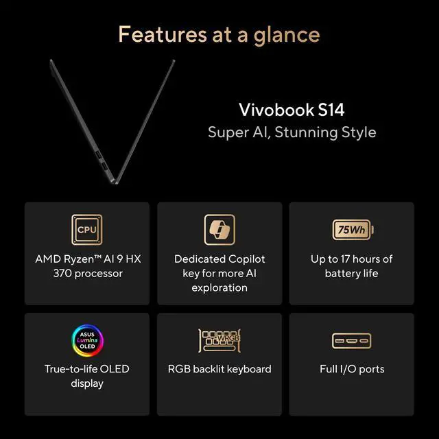Alt view image 4 of 11 - ASUS Vivobook S14 Laptop, Copilot+ PC AMD Ryzen AI 9 HX 370 32GB RAM 1TB SSD (M5406WA-BS99)