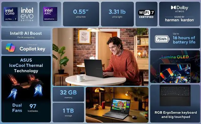 Alt view image 2 of 14 - ASUS Vivobook S 16" 3K OLED Intel Core Ultra 7 255H Processor 32GB RAM 1TB SSD Windows 11 Home