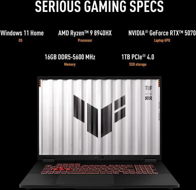 Alt view image 4 of 14 - ASUS TUF Gaming - 18.0" WUXGA 144 Hz - AMD Ryzen 9 8940HX - GeForce RTX 5070 Laptop GPU - 16GB Memory DDR5 5600 - 1TB PCIe SSD - Windows 11 Home (FA808PP-NB94)
