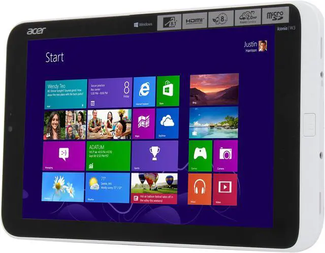 Alt view image 2 of 8 - Acer Iconia W3-810-1600 8.1” Touchscreen Tablet, Dual Core Intel Atom Z2760 1.5Ghz, 2GB LPDDR2, MicroSD Slot, 32GB Flash Memory, Built-in WiFi, Bluetooth, Micro HDMI, Micro USB, Windows 8