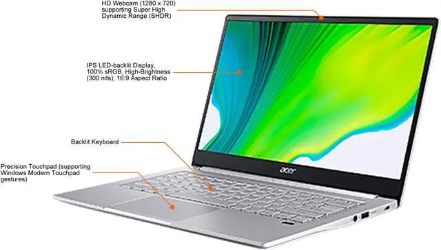 Alt view image 4 of 12 - Acer Laptop Swift 3 SF314-59-73UP Intel Core i7 11th Gen 1165G7 (2.80 GHz) 8 GB LPDDR4X Memory 512 GB NVMe SSD Intel Iris Xe Graphics 14.0" Windows 10 Home 64-bit - Intel EVO Platform