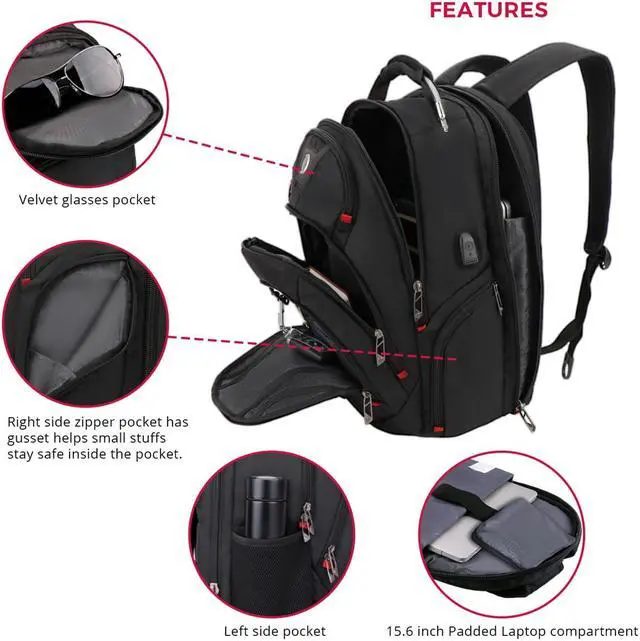 Alt view image 4 of 5 - Swissdigital Black Pixel Business Backpack - Water Resistant – 15.6? Laptop Pocket – Extra Large Capacity – Durable Materials – Patented Smart USB Charging System – RFID Protection, Model SD-857