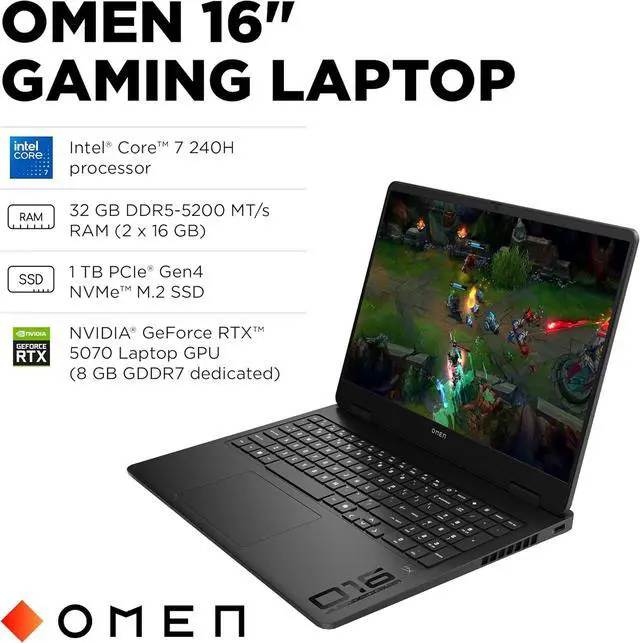 Alt view image 5 of 8 - HP OMEN 16 Gaming Laptop, Intel Core 7-240H, 32GB DDR5, 1TB SSD, NVIDIA GeForce RTX 5070 GPU (8GB GDDR7), 16" 2K IPS sRGB 144Hz VRR Display (1920x1200), Windows 11 Home, Shadow Black (16-am0030ca)