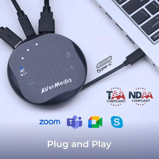 Alt view image 7 of 8 - AVerMedia AS315 Portable Speakerphone Works with Zoom, Teams, Skype, USB-C Docking Station, USB Hub, Portable Conference Speaker and Microphone, AI Noise Reduction