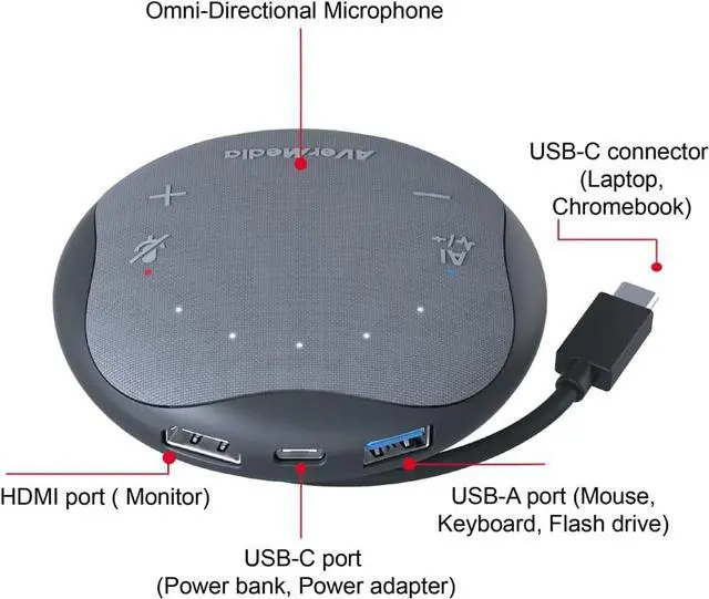 Alt view image 3 of 8 - AVerMedia AS315 Portable Speakerphone Works with Zoom, Teams, Skype, USB-C Docking Station, USB Hub, Portable Conference Speaker and Microphone, AI Noise Reduction