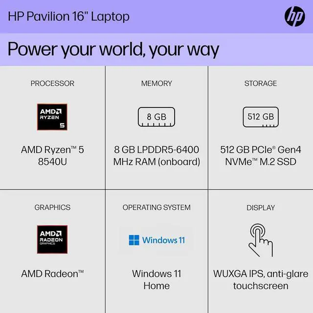Alt view image 2 of 9 - HP Pavilion x360 16.0" Touchscreen Laptop Ryzen 5 8540U AMD Radeon 740M 8GB RAM 512GB SSD Windows 11 Home 16-ag0010nr