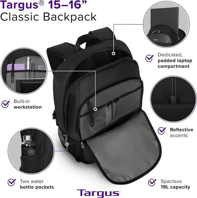 Alt view image 9 of 10 - Targus 15-16 Inch Classic Laptop Backpack - Fits Most Laptops up to 16", Padded Travel Backpack for Business Commuters, College, and Travel (TBB943GL)