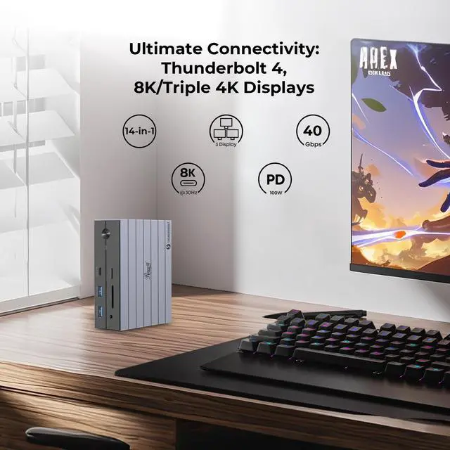 Alt view image 2 of 5 - Rosewill 14-in-1 Thunderbolt 4 Certified, Laptop Docking Station with 100W Charging, 8K Display, Triple 4K Monitor Display for Windows and Mac, 135W Power Adapter & 40Gbps Data Transfer - RHUB-TB14