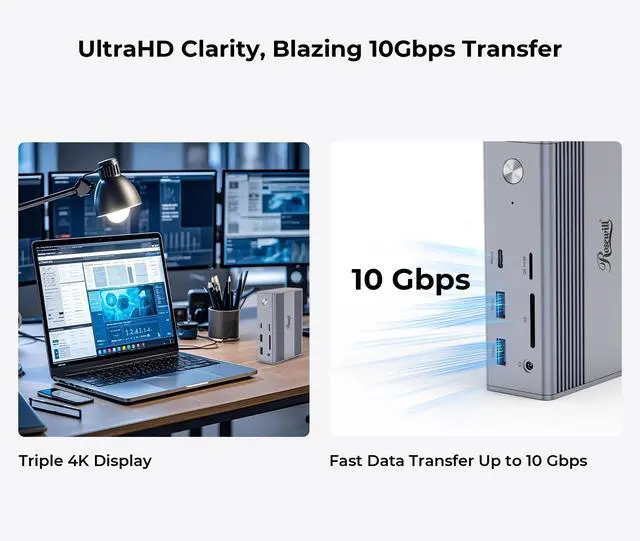 Alt view image 4 of 5 - Rosewill 14-in-1 USB C Laptop Docking Station with 100W PD Charging, 4K@60Hz Display, Triple 4K Display,10Gbps Data Transfer & Kensington Lock, Windows, Mac, Android - RHUB-M14
