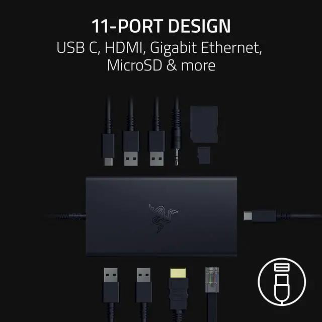 Alt view image 5 of 10 - Razer USB C Dock 11-Port Travel Charging Station for Windows Mac Laptop iPad Surface Chromebook Galaxy Tab: Type C, HDMI, Ethernet, MicroSD - 4K 60 Hz Display - 85 W Tablets + Mobile Fast Charge