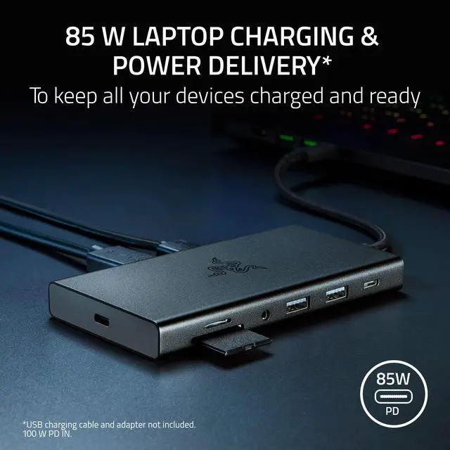 Alt view image 9 of 10 - Razer USB C Dock 11-Port Travel Charging Station for Windows Mac Laptop iPad Surface Chromebook Galaxy Tab: Type C, HDMI, Ethernet, MicroSD - 4K 60 Hz Display - 85 W Tablets + Mobile Fast Charge