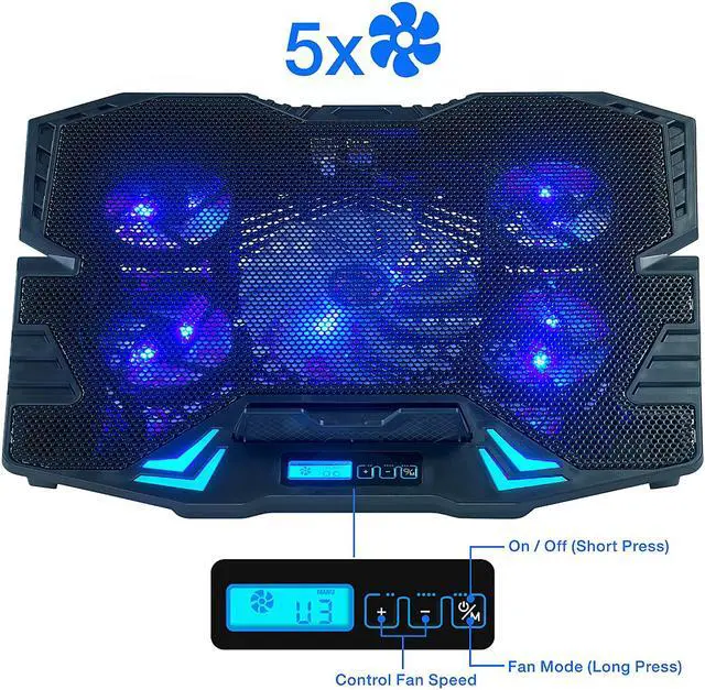 Alt view image 2 of 14 - Rosewill RWNB16A Gaming Laptop Cooler Notebook Cooling Pad, 5 Silent Blue LED Fans with Powerful Air Flow, Control Panel with LCD Screen, Portable Height Adjustable Laptop Stand, Comfortable with Wrists