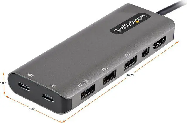 Alt view image 3 of 11 - USB C Multiport Adapter, USB-C to HDMI or Mini DisplayPort 4K 60Hz, 100W Power Delivery Pass-Through, 4-Port 10Gbps USB Hub, USB Type-C Mini Dock, 12"/30cm Long Attached Cable - Works w/ Thunderbolt 3