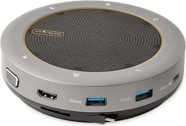 Alt view image 3 of 7 - StarTech.com USB-C Conference Speaker Mini Dock - Portable Boardroom Speaker and Multiport Adapter - USB-C to VGA/4K HDMI, 2x USB-A Hub, Mic/Speaker, Teams/Zoom/Softphone Speakerphone (DKTBRSPMPD)