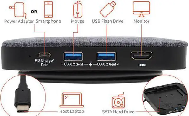Alt view image 4 of 8 - USB-C Dock, Single Display - 4K HDMI, USB 3.2 Gen 1, USB-A/USB-C Hub, SATA III, 100W PD Charging, Gray