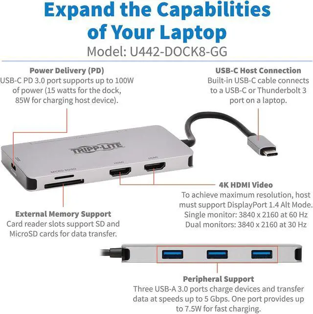 Alt view image 3 of 8 - Tripp Lite USB C Dock Dual-Display 4K HDMI USB Hub Memory Card PD Charging