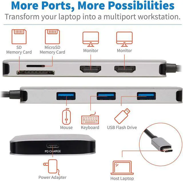 Alt view image 5 of 8 - Tripp Lite USB C Dock Dual-Display 4K HDMI USB Hub Memory Card PD Charging