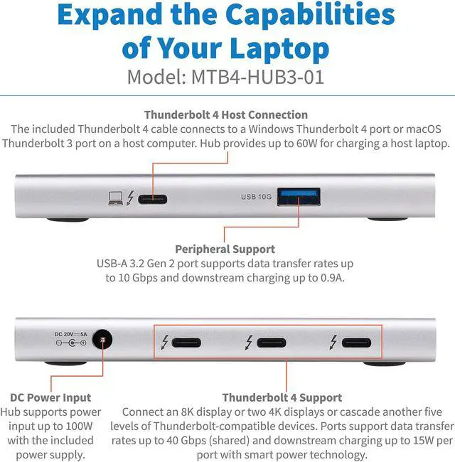 Alt view image 4 of 9 - Tripp Lite 4-Port Thunderbolt 4 Hub - 8K, 2x 4K 60 Hz, USB 3.2 Gen 2, USB-A Port, 100W Charging, Gray
