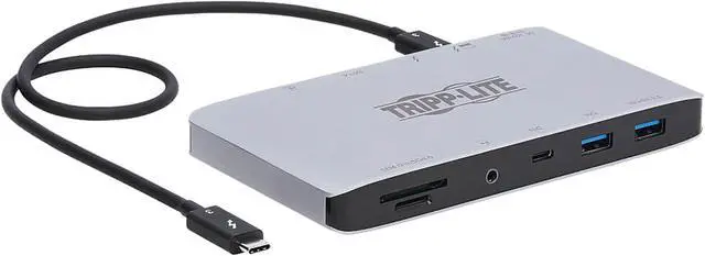 Main image of Tripp Lite Black/Gray MTB3-DOCK-03INT Thunderbolt 3 Dock with USB-C Compatibility, Dual Display - 8K DisplayPort, USB 3.2 Gen 2 10G, USB-A/USB-C Hub, GbE, International Plug Adapters