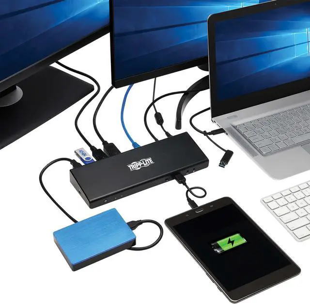 Alt view image 4 of 9 - Tripp Lite USB-C Dock, Dual Display - 5K 60 Hz DP, 4K 60 Hz HDMI, USB 3.2 Gen 1, USB-A/C Hub, GbE, 85W PD Charging