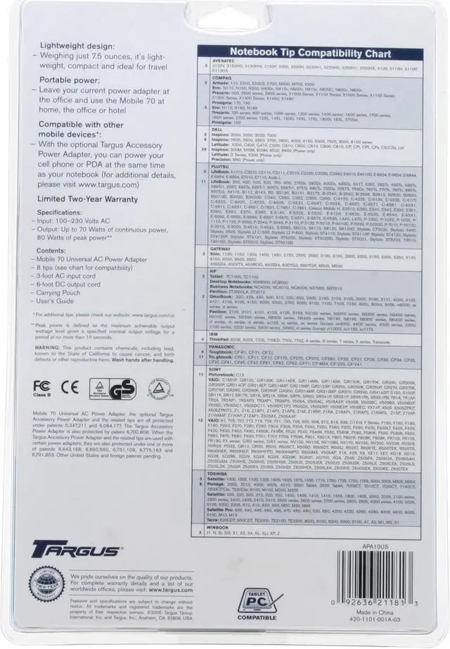 Alt view image 2 of 2 - Targus APA10US Mobile 70 Universal AC Power Adapter