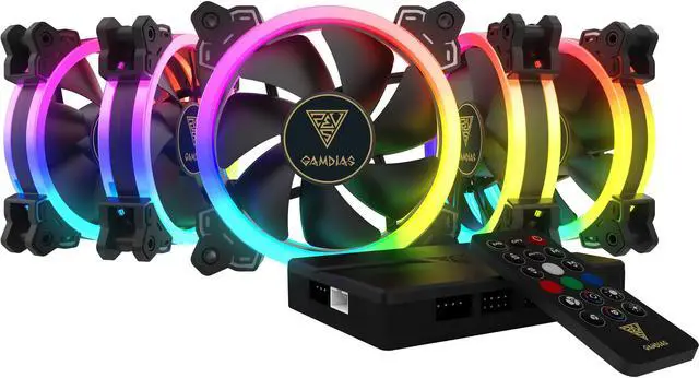 Main image of GAMDIAS AEOLUS M1-1205R 120MM RGB 5 in 1 Fan Pack with Controller and Remote, 5-Pack.