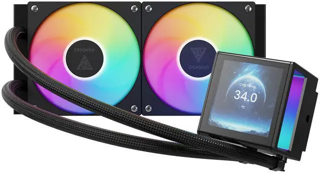 Main image of GAMDIAS CHIONE P5-240 Liquid CPU Cooler, 240mm AIO w/Customizable 3.4'' IPS LCD, Rotatable Magnetic Pump, Hidden Cable Fan (Daisy-Chained), Support PWM & ARGB MB Sync, Intel LGA 1851, AMD AM5, Black