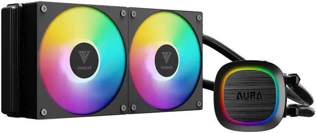 Main image of GAMDIAS AURA GL240 V2 240mm AIO Liquid CPU Cooler, Rotatable Pump Cover, 2 x 120mm Hidden Cable ARGB PWM Fans, Daisy-Chained, Support Low-Noise PWM & ARGB Sync, Intel LGA 1851/1700, AMD AM5/AM4