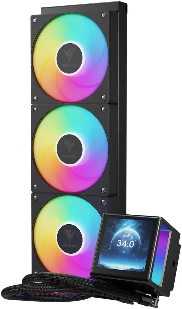 Alt view image 2 of 12 - GAMDIAS CHIONE P5-360 Liquid CPU Cooler, 360mm AIO w/Customizable 3.4" IPS LCD, Rotatable Magnetic Pump, Hidden Cable Fan (Daisy-Chained), Support PWM & ARGB MB Sync, Intel LGA 1851; AMD AM5, Black