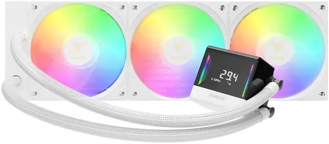 Main image of GAMDIAS CHIONE E4 360mm V2 AIO CPU Cooler & ARGB Liquid Cooler with Digital Display, 2600 RPM Pump, Clean Cable Design, 3X 120mm PWM Fan with MOBO Sync, Intel LGA 1700/1200, AMD AM5/AM4 - White